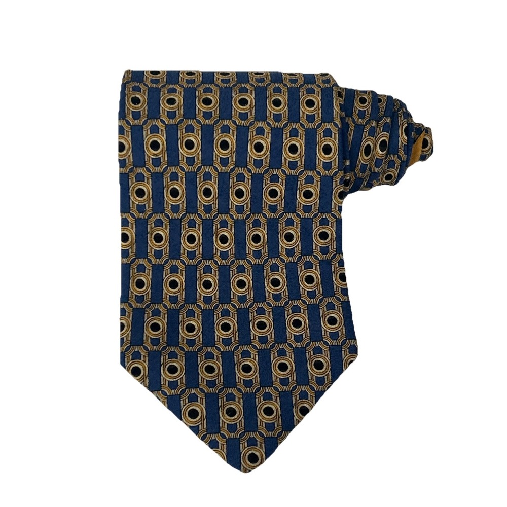 Valentino Cravatte 100% Silk Tie‎ Made in Italy Blue Gold Geometric Pattern 57x4